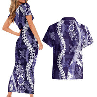 Hawaii Puakenikeni and Maile Lei Couples Matching Short Sleeve Bodycon Dress and Hawaiian Shirt Purple Japanese Wave Style - Polynesian Pride