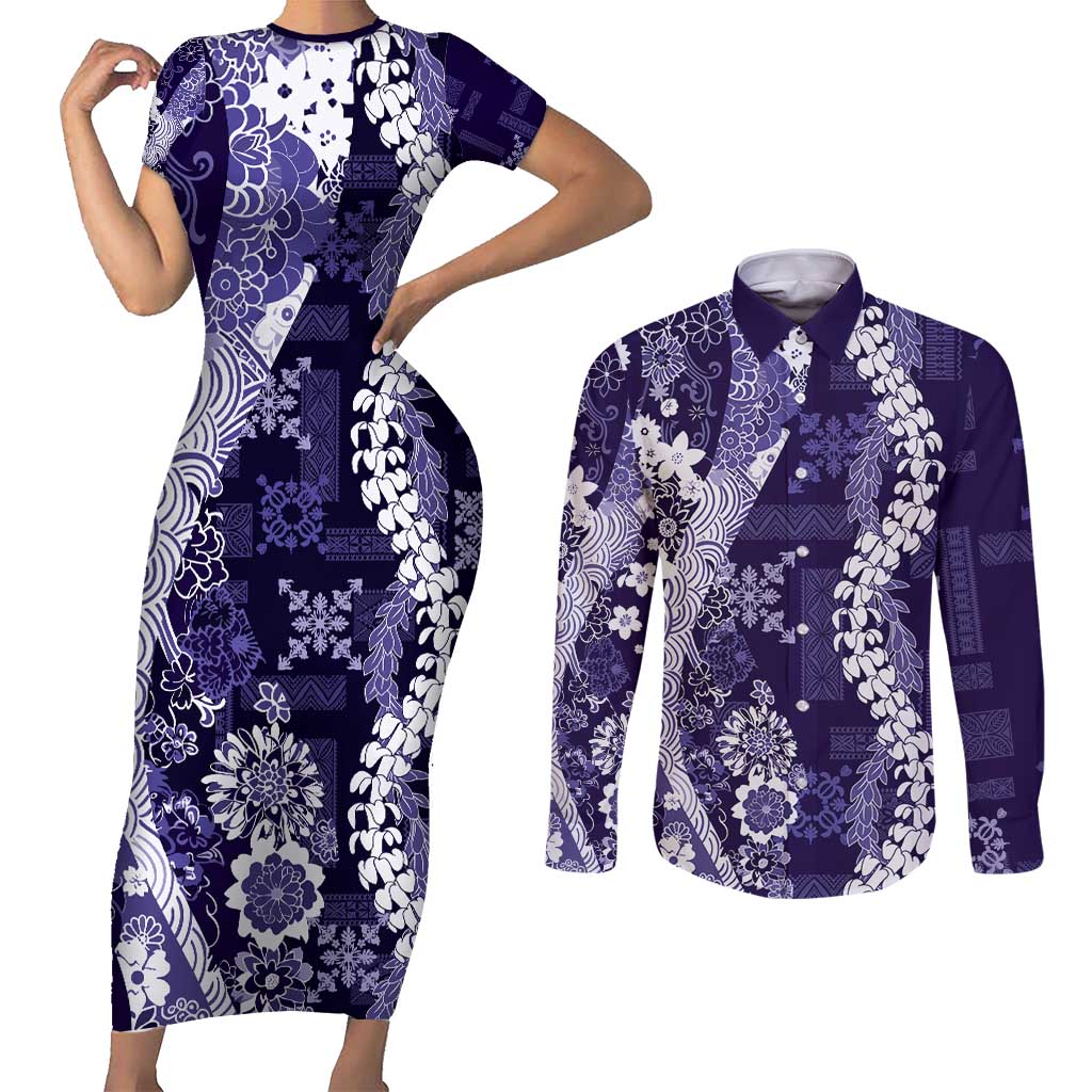 Hawaii Puakenikeni and Maile Lei Couples Matching Short Sleeve Bodycon Dress and Long Sleeve Button Shirt Purple Japanese Wave Style - Polynesian Pride