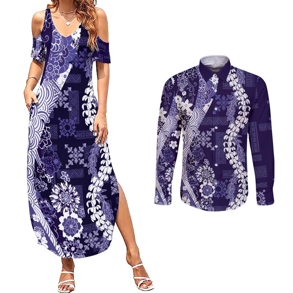 Hawaii Puakenikeni and Maile Lei Couples Matching Summer Maxi Dress and Long Sleeve Button Shirt Purple Japanese Wave Style - Polynesian Pride
