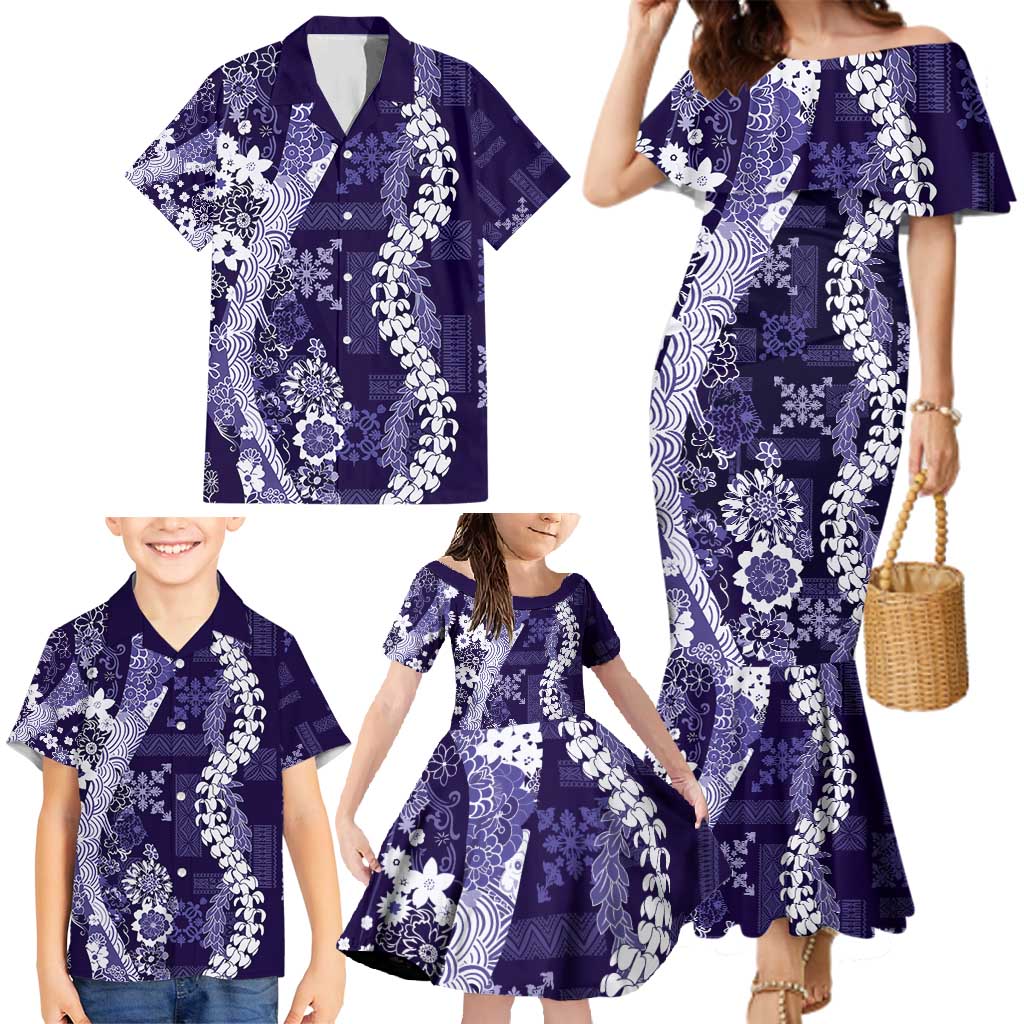 Hawaii Puakenikeni and Maile Lei Family Matching Mermaid Dress and Hawaiian Shirt Purple Japanese Wave Style - Polynesian Pride