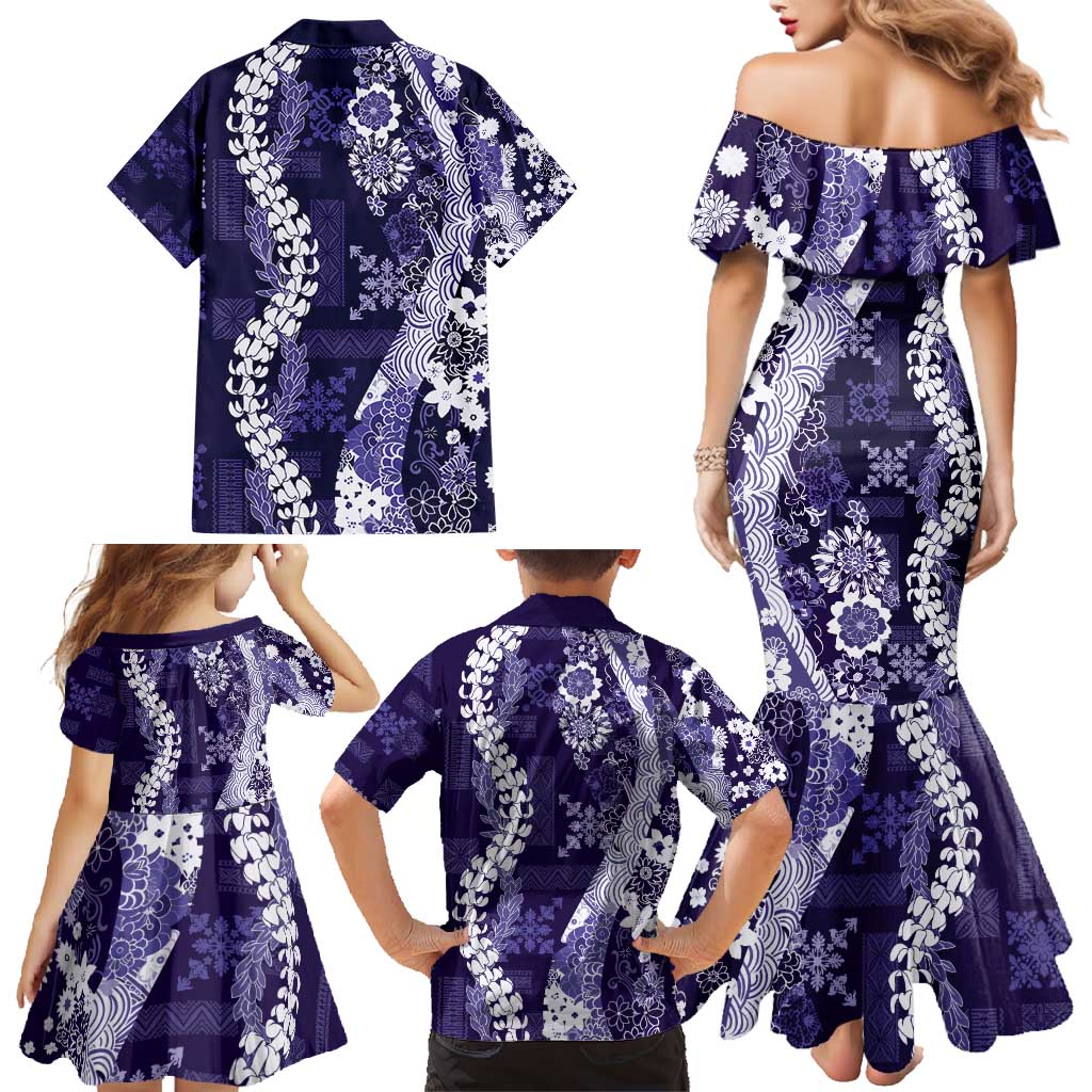 Hawaii Puakenikeni and Maile Lei Family Matching Mermaid Dress and Hawaiian Shirt Purple Japanese Wave Style - Polynesian Pride