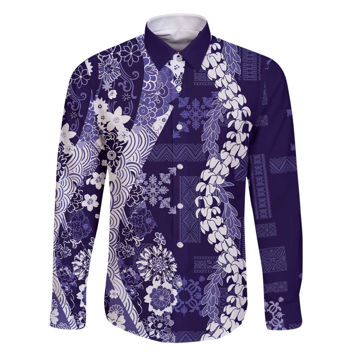 Hawaii Puakenikeni and Maile Lei Family Matching Off The Shoulder Long Sleeve Dress and Hawaiian Shirt Purple Japanese Wave Style - Polynesian Pride