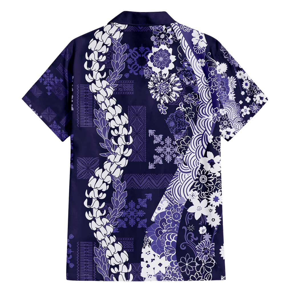 Hawaii Puakenikeni and Maile Lei Family Matching Off Shoulder Short Dress and Hawaiian Shirt Purple Japanese Wave Style - Polynesian Pride