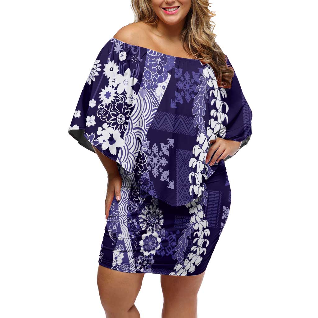 Hawaii Puakenikeni and Maile Lei Family Matching Off Shoulder Short Dress and Hawaiian Shirt Purple Japanese Wave Style - Polynesian Pride