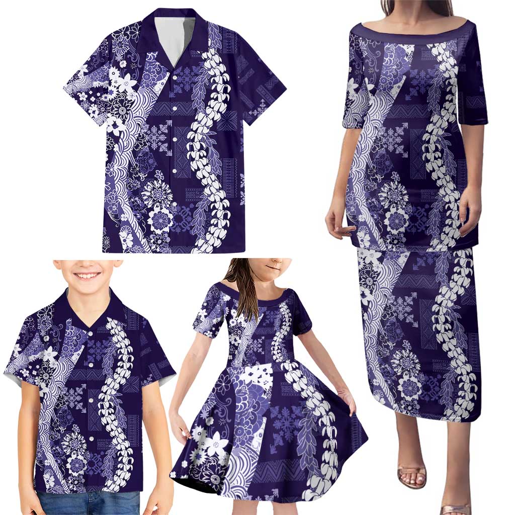 Hawaii Puakenikeni and Maile Lei Family Matching Puletasi and Hawaiian Shirt Purple Japanese Wave Style - Polynesian Pride