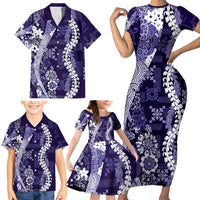 Hawaii Puakenikeni and Maile Lei Family Matching Short Sleeve Bodycon Dress and Hawaiian Shirt Purple Japanese Wave Style - Polynesian Pride