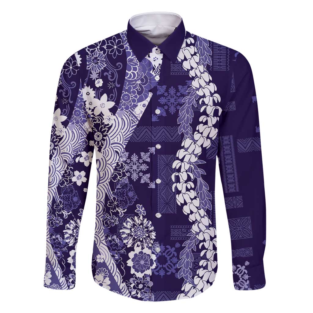 Hawaii Puakenikeni and Maile Lei Family Matching Short Sleeve Bodycon Dress and Hawaiian Shirt Purple Japanese Wave Style - Polynesian Pride