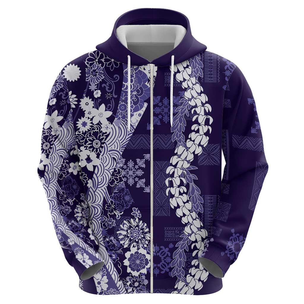Hawaii Puakenikeni and Maile Lei Hoodie Purple Japanese Wave Style - Polynesian Pride