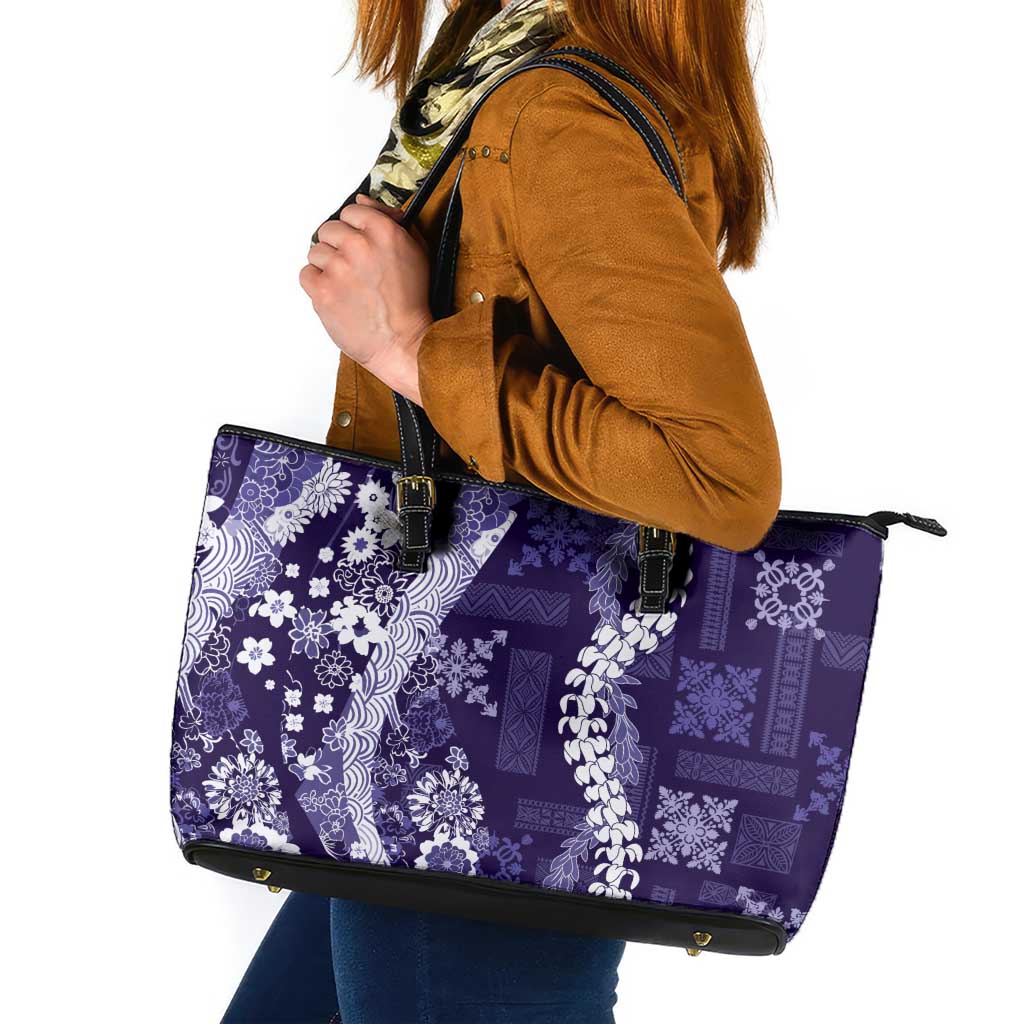 Hawaii Puakenikeni and Maile Lei Leather Tote Bag Purple Japanese Wave Style - Polynesian Pride