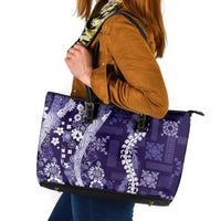 Hawaii Puakenikeni and Maile Lei Leather Tote Bag Purple Japanese Wave Style - Polynesian Pride