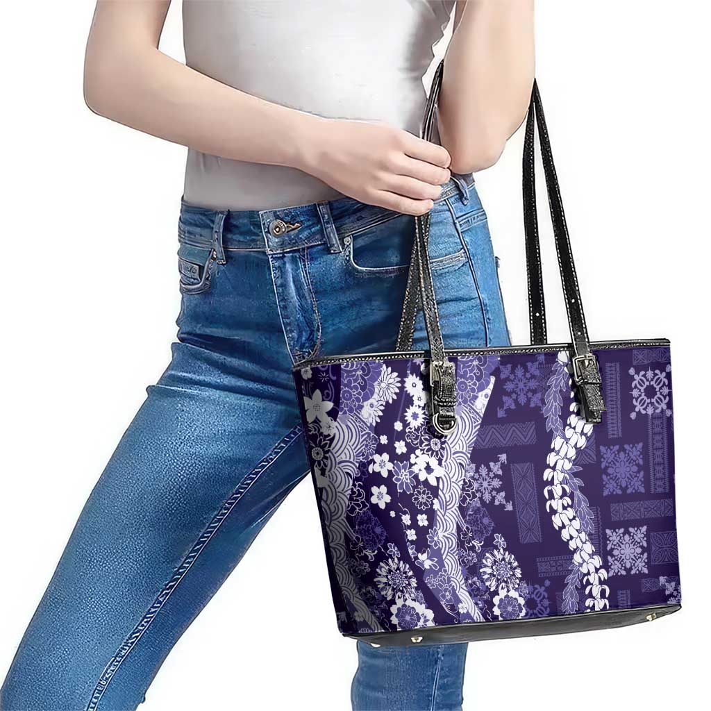 Hawaii Puakenikeni and Maile Lei Leather Tote Bag Purple Japanese Wave Style - Polynesian Pride