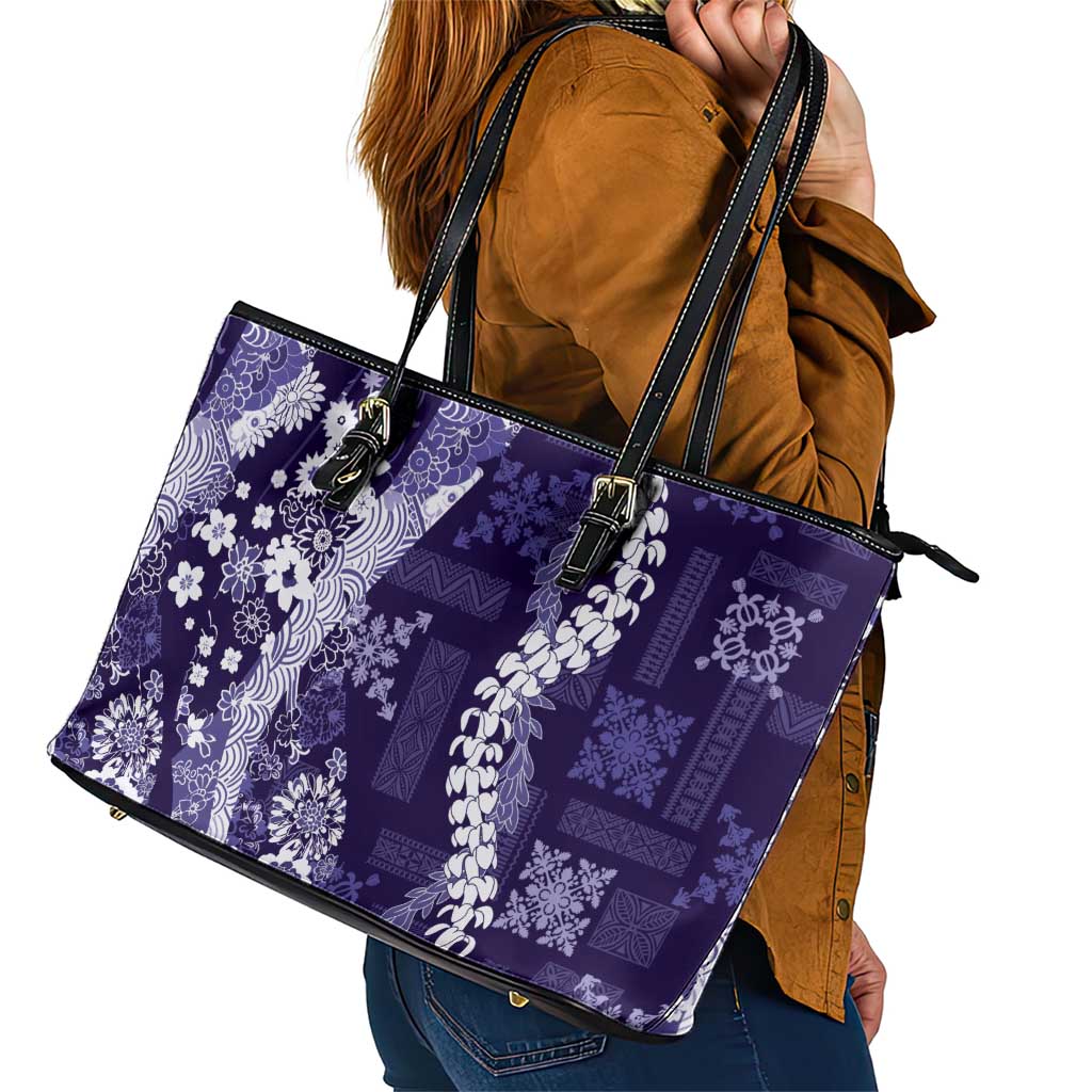 Hawaii Puakenikeni and Maile Lei Leather Tote Bag Purple Japanese Wave Style - Polynesian Pride