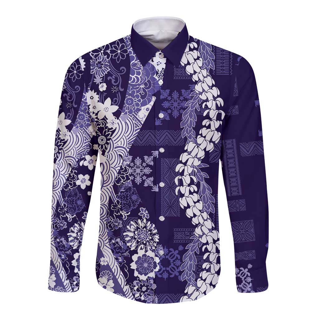 Hawaii Puakenikeni and Maile Lei Long Sleeve Button Shirt Purple Japanese Wave Style - Polynesian Pride