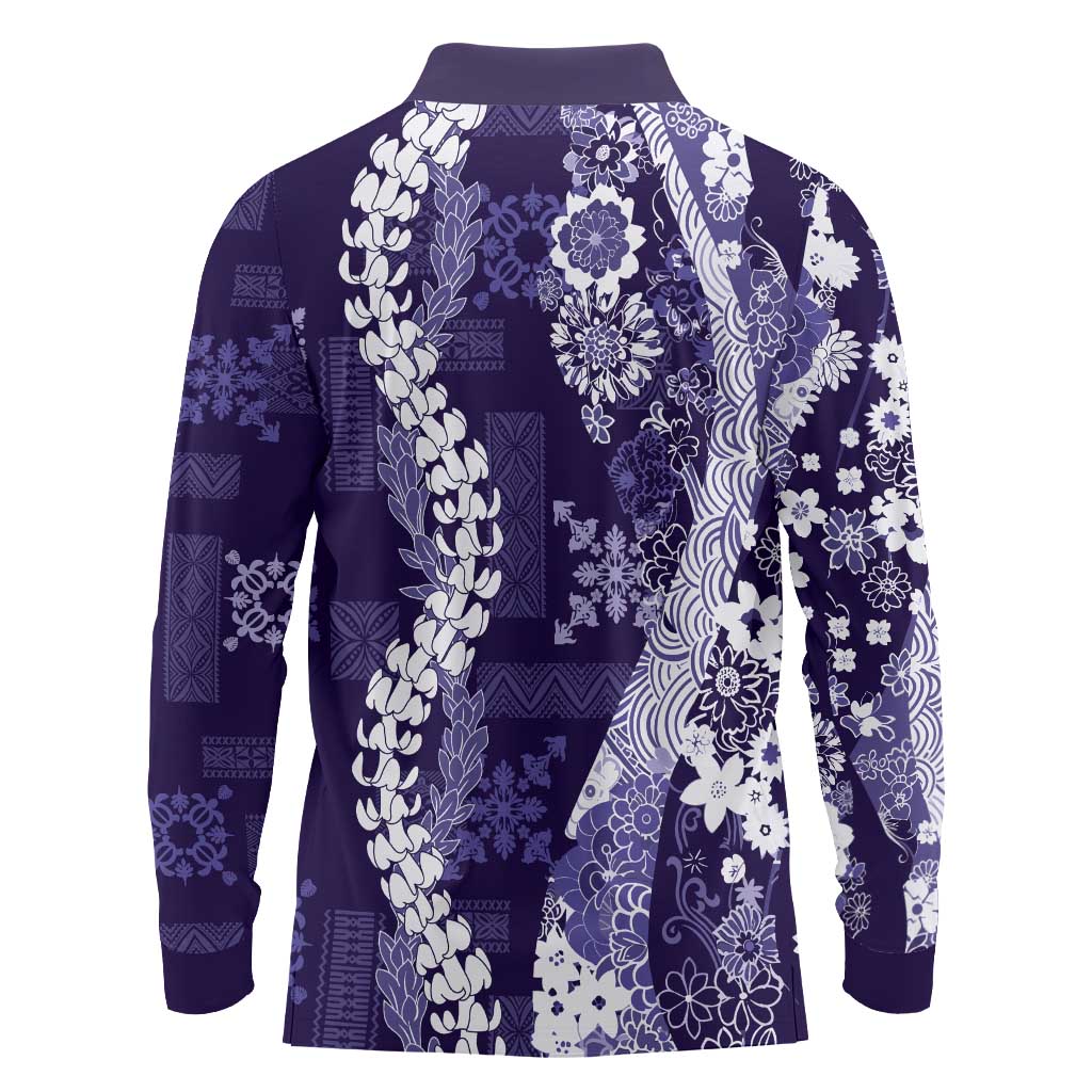 Hawaii Puakenikeni and Maile Lei Long Sleeve Polo Shirt Purple Japanese Wave Style - Polynesian Pride