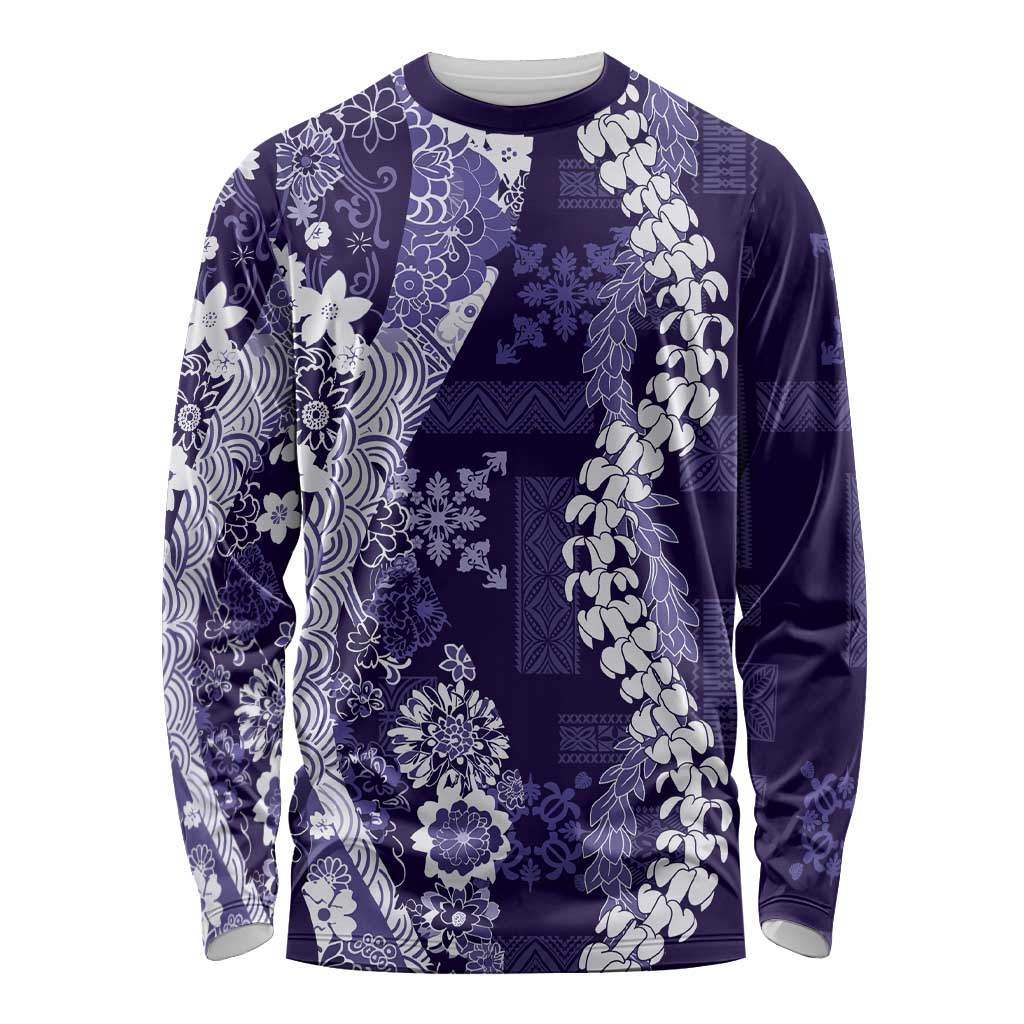 Hawaii Puakenikeni and Maile Lei Long Sleeve Shirt Purple Japanese Wave Style - Polynesian Pride