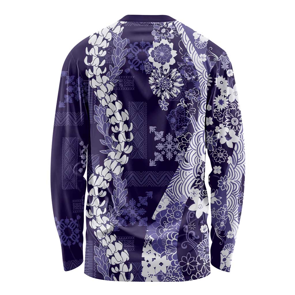 Hawaii Puakenikeni and Maile Lei Long Sleeve Shirt Purple Japanese Wave Style - Polynesian Pride
