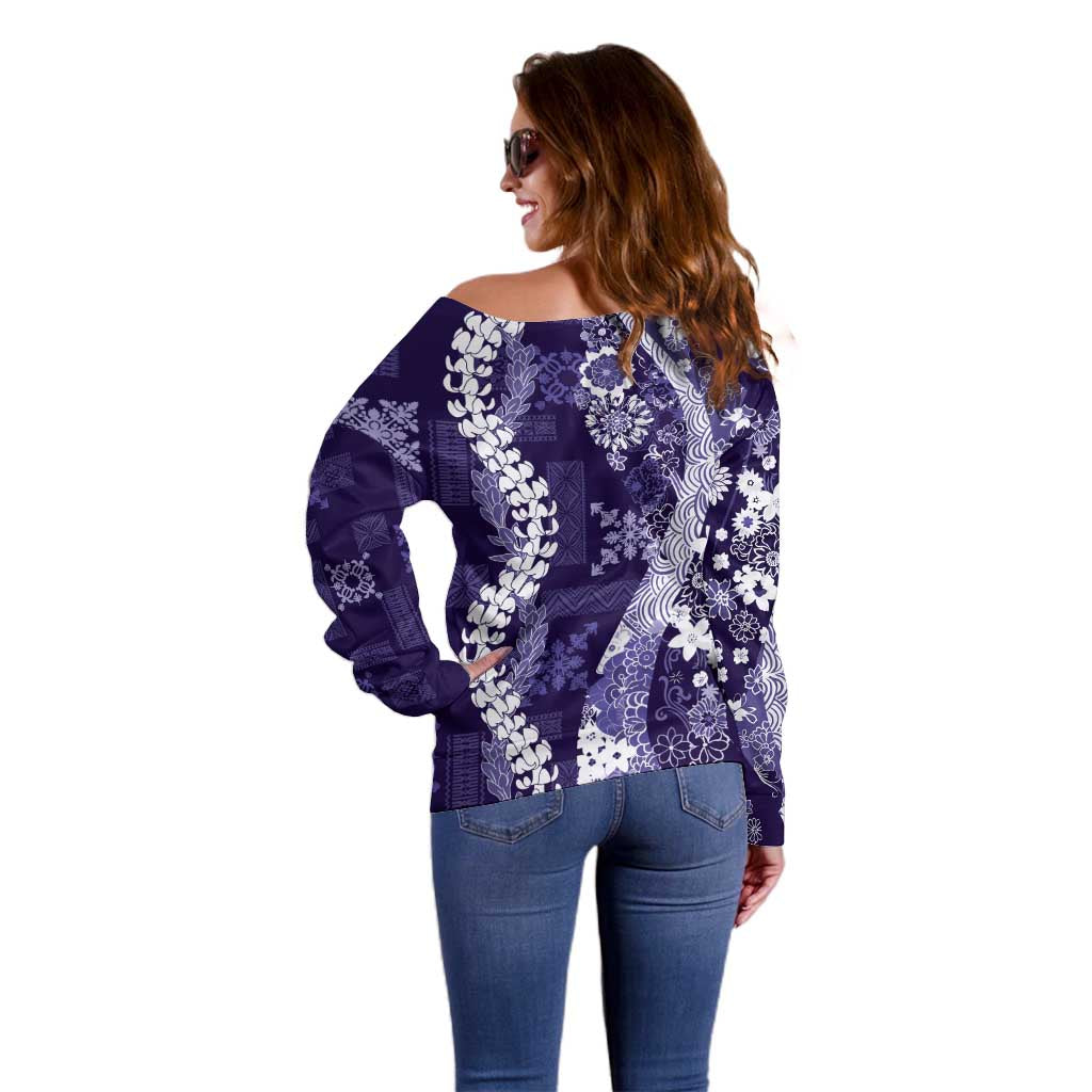 Hawaii Puakenikeni and Maile Lei Off Shoulder Sweater Purple Japanese Wave Style - Polynesian Pride