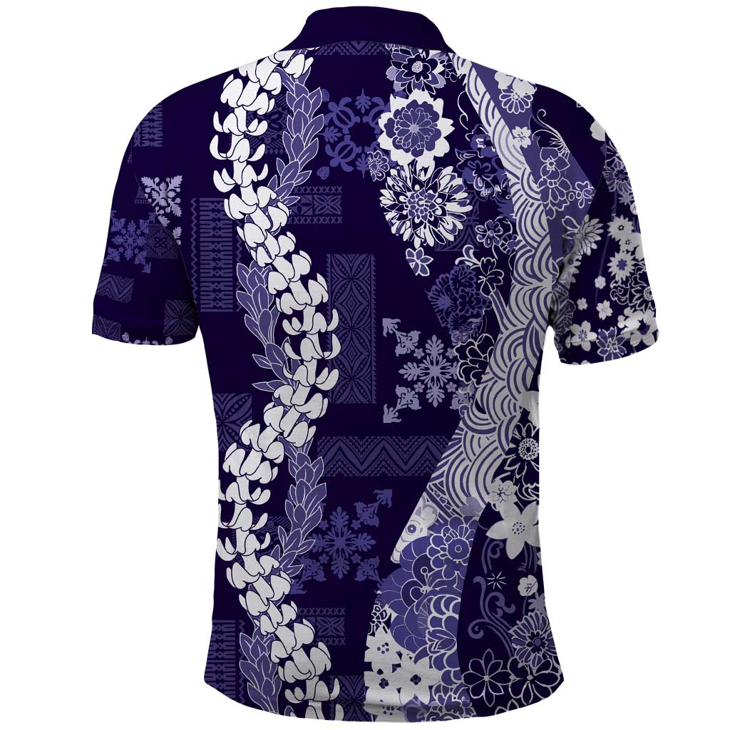 Hawaii Puakenikeni and Maile Lei Polo Shirt Purple Japanese Wave Style - Polynesian Pride