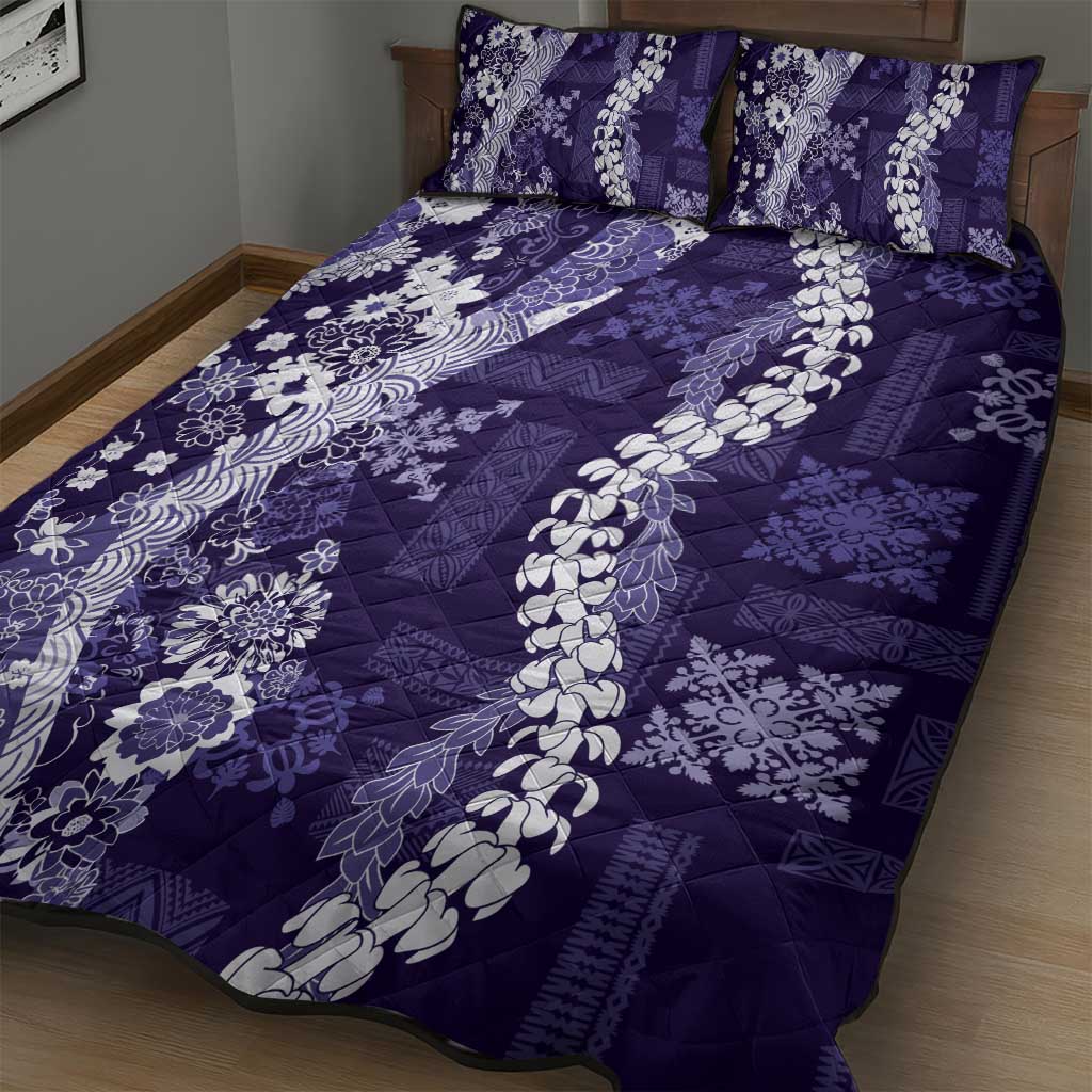 Hawaii Puakenikeni and Maile Lei Quilt Bed Set Purple Japanese Wave Style - Polynesian Pride