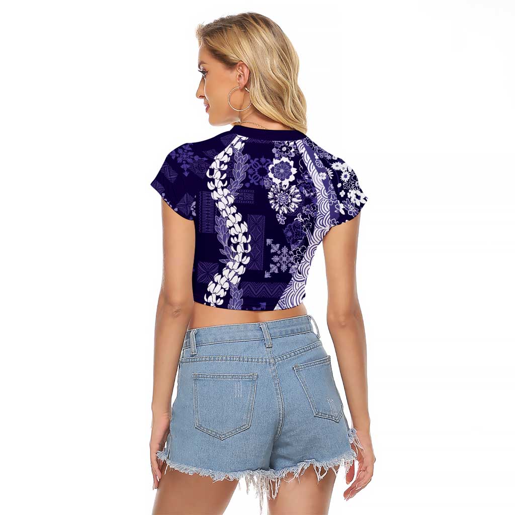 Hawaii Puakenikeni and Maile Lei Raglan Cropped T Shirt Purple Japanese Wave Style - Polynesian Pride