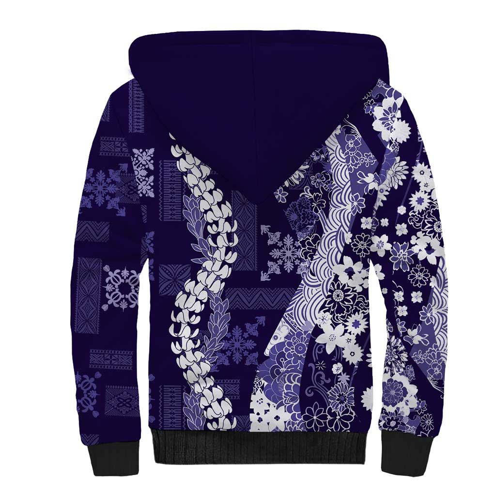 Hawaii Puakenikeni and Maile Lei Sherpa Hoodie Purple Japanese Wave Style - Polynesian Pride