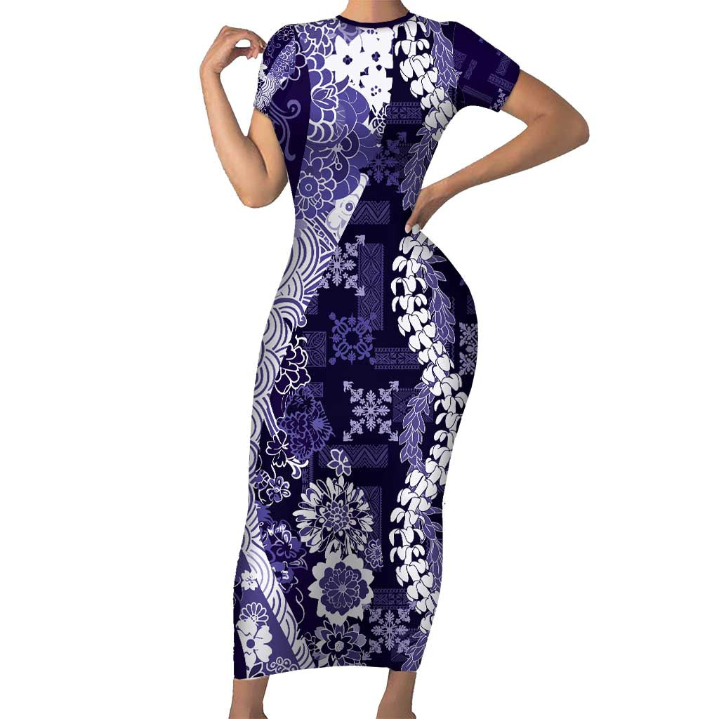 Hawaii Puakenikeni and Maile Lei Short Sleeve Bodycon Dress Purple Japanese Wave Style - Polynesian Pride