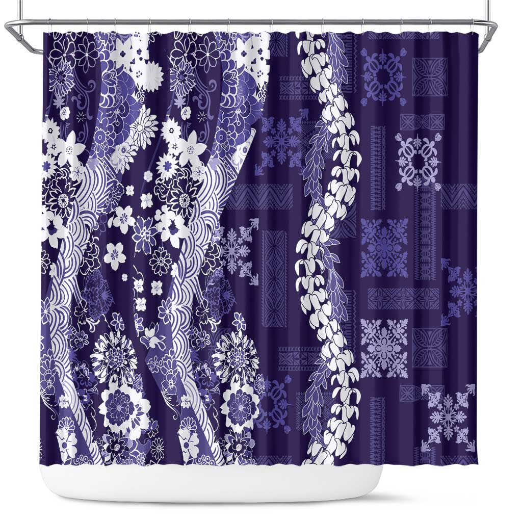 Hawaii Puakenikeni and Maile Lei Shower Curtain Purple Japanese Wave Style - Polynesian Pride