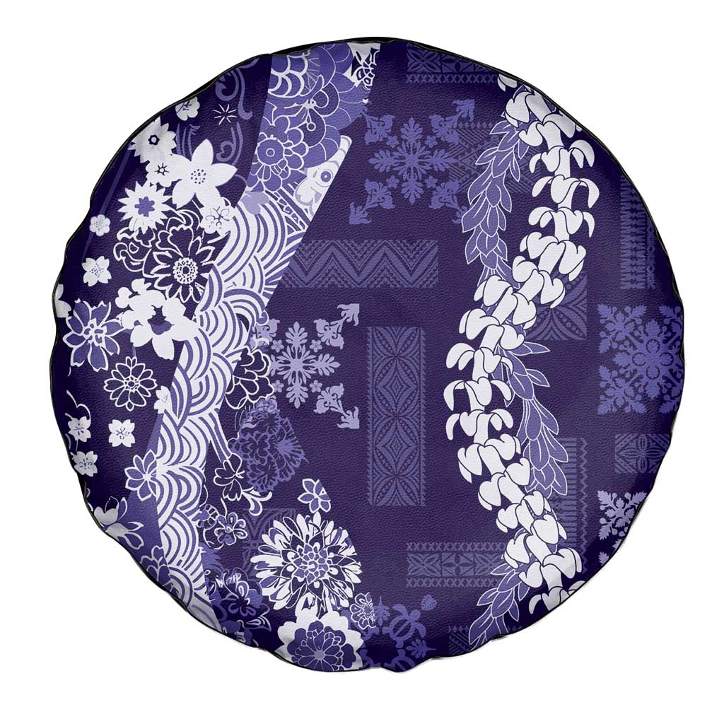 Hawaii Puakenikeni and Maile Lei Spare Tire Cover Purple Japanese Wave Style - Polynesian Pride