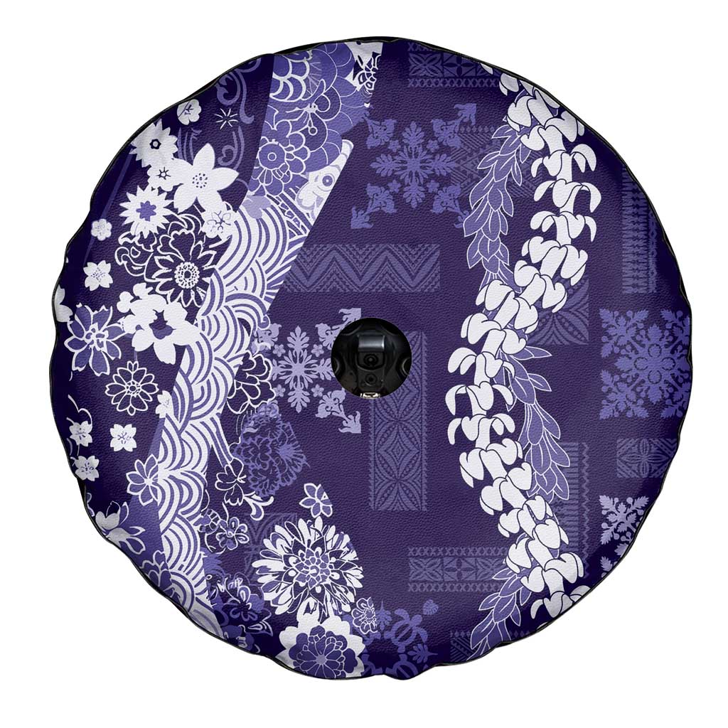 Hawaii Puakenikeni and Maile Lei Spare Tire Cover Purple Japanese Wave Style - Polynesian Pride