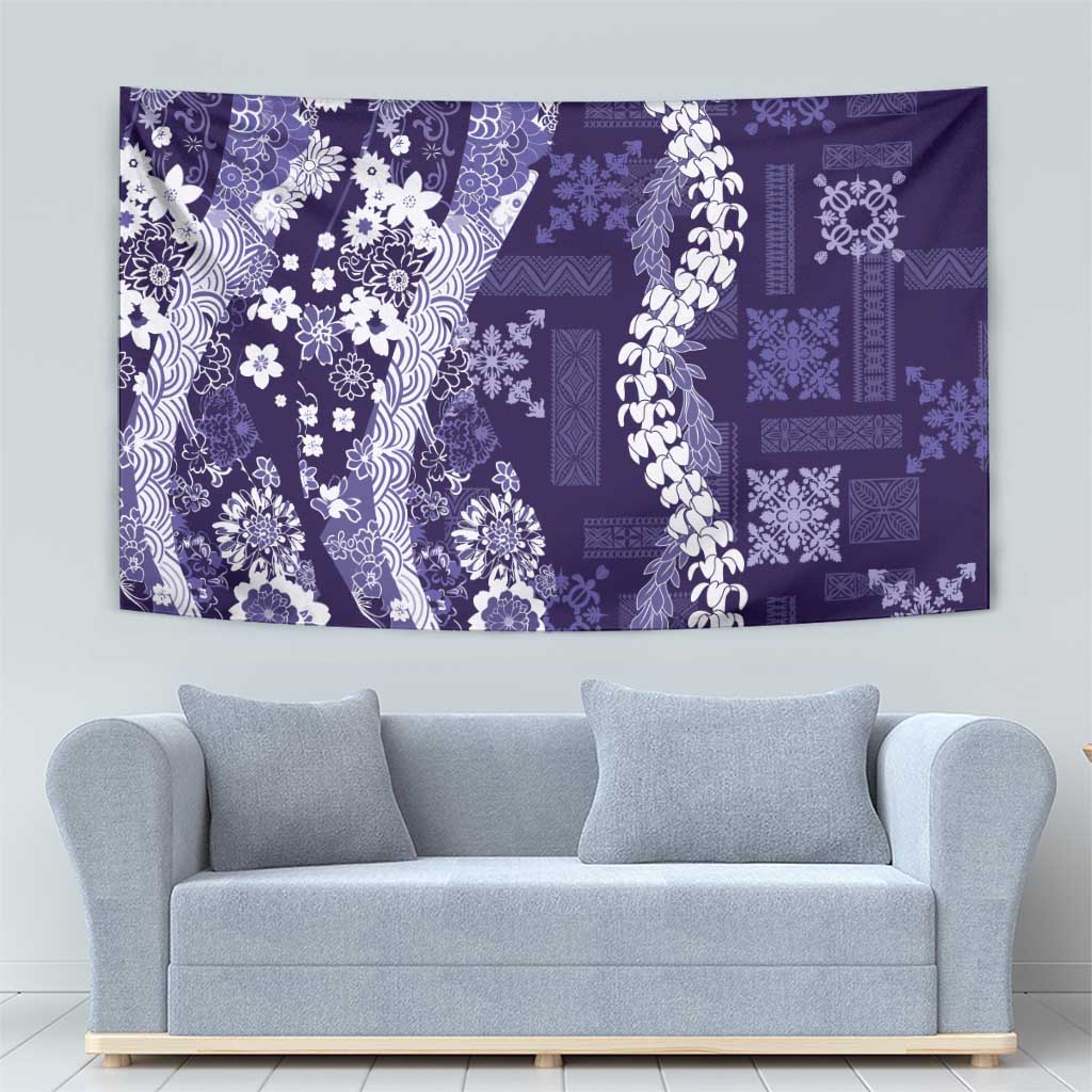 Hawaii Puakenikeni and Maile Lei Tapestry Purple Japanese Wave Style - Polynesian Pride