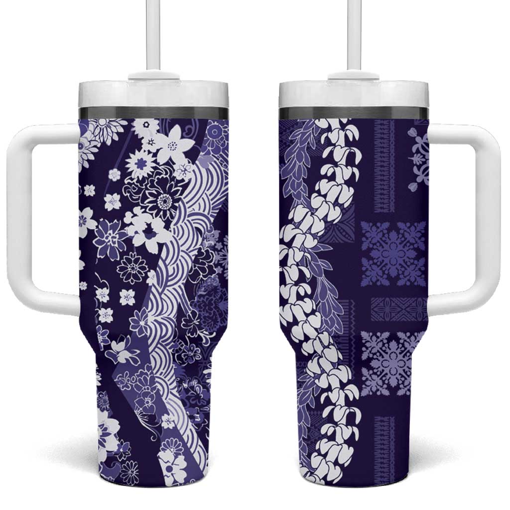 Hawaii Puakenikeni and Maile Lei Tumbler With Handle Purple Japanese Wave Style - Polynesian Pride
