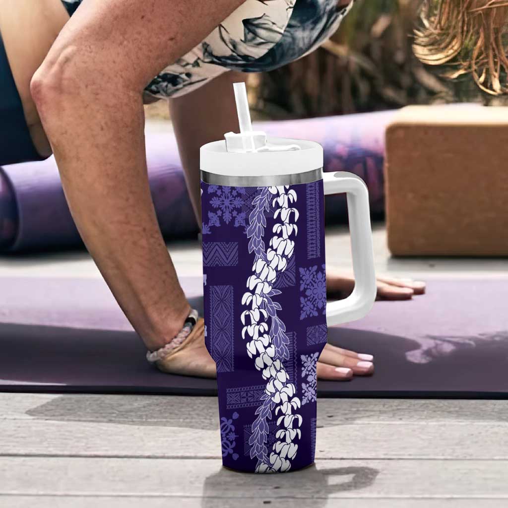 Hawaii Puakenikeni and Maile Lei Tumbler With Handle Purple Japanese Wave Style - Polynesian Pride
