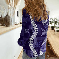Hawaii Puakenikeni and Maile Lei Women Casual Shirt Purple Japanese Wave Style - Polynesian Pride
