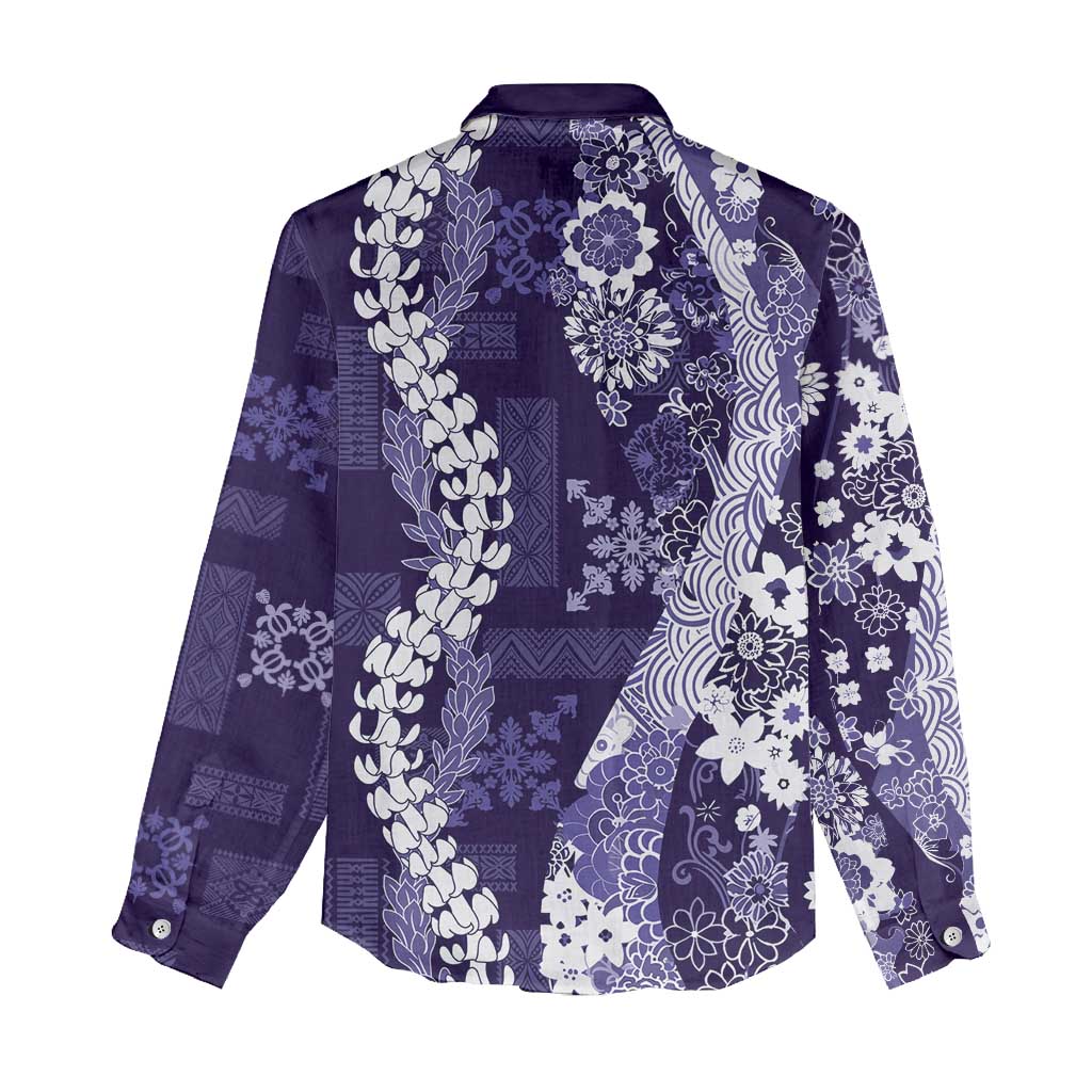 Hawaii Puakenikeni and Maile Lei Women Casual Shirt Purple Japanese Wave Style - Polynesian Pride