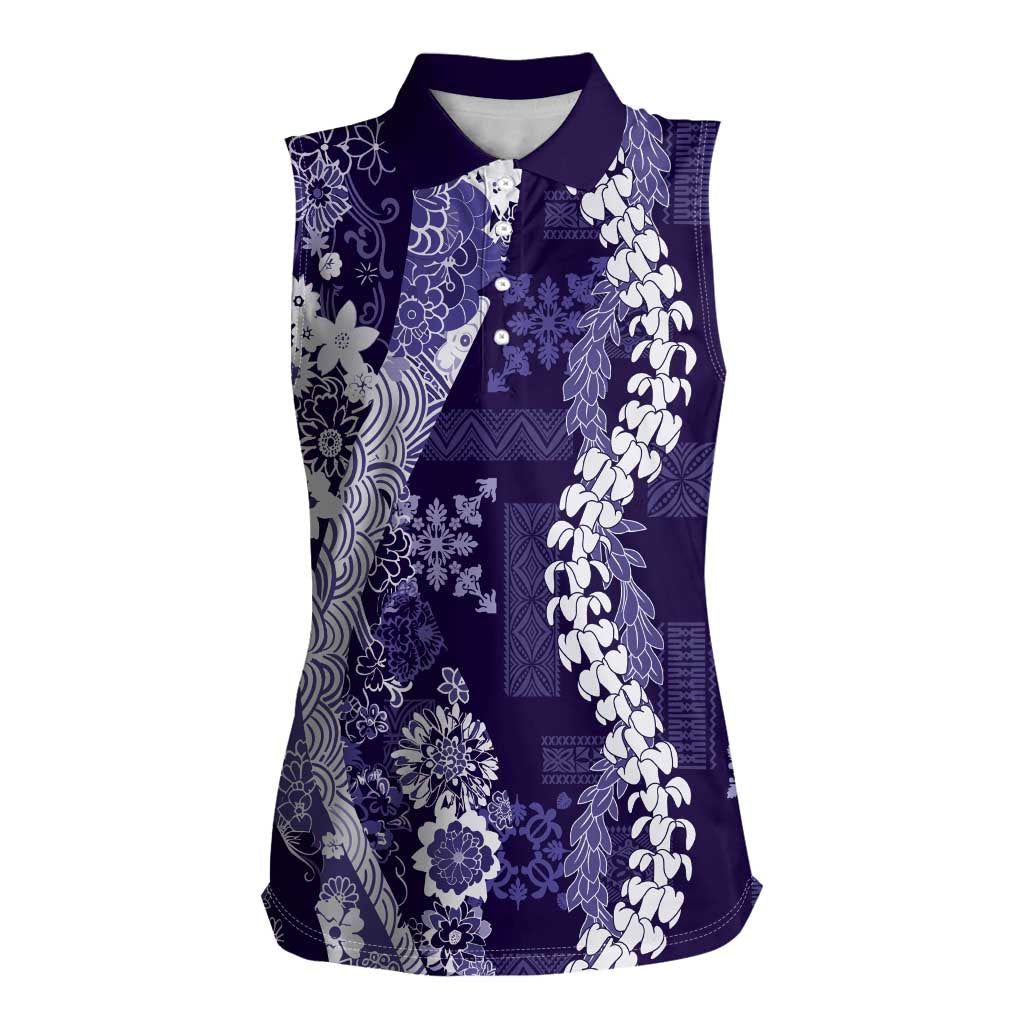 Hawaii Puakenikeni and Maile Lei Women Sleeveless Polo Shirt Purple Japanese Wave Style - Polynesian Pride