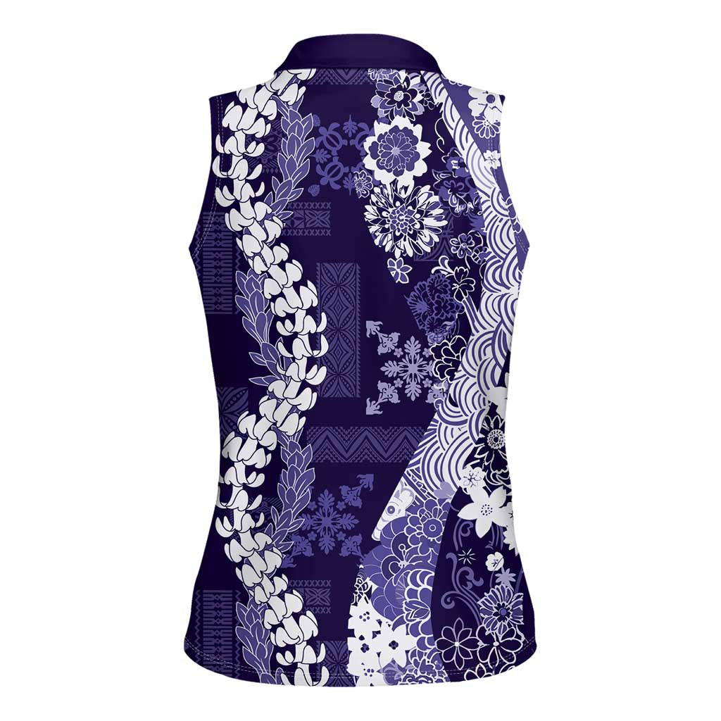 Hawaii Puakenikeni and Maile Lei Women Sleeveless Polo Shirt Purple Japanese Wave Style - Polynesian Pride