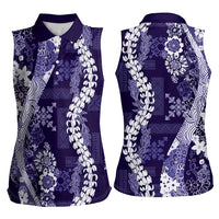 Hawaii Puakenikeni and Maile Lei Women Sleeveless Polo Shirt Purple Japanese Wave Style - Polynesian Pride
