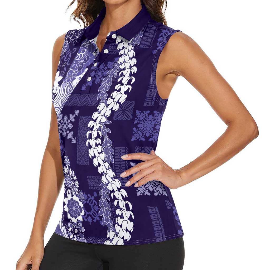Hawaii Puakenikeni and Maile Lei Women Sleeveless Polo Shirt Purple Japanese Wave Style - Polynesian Pride