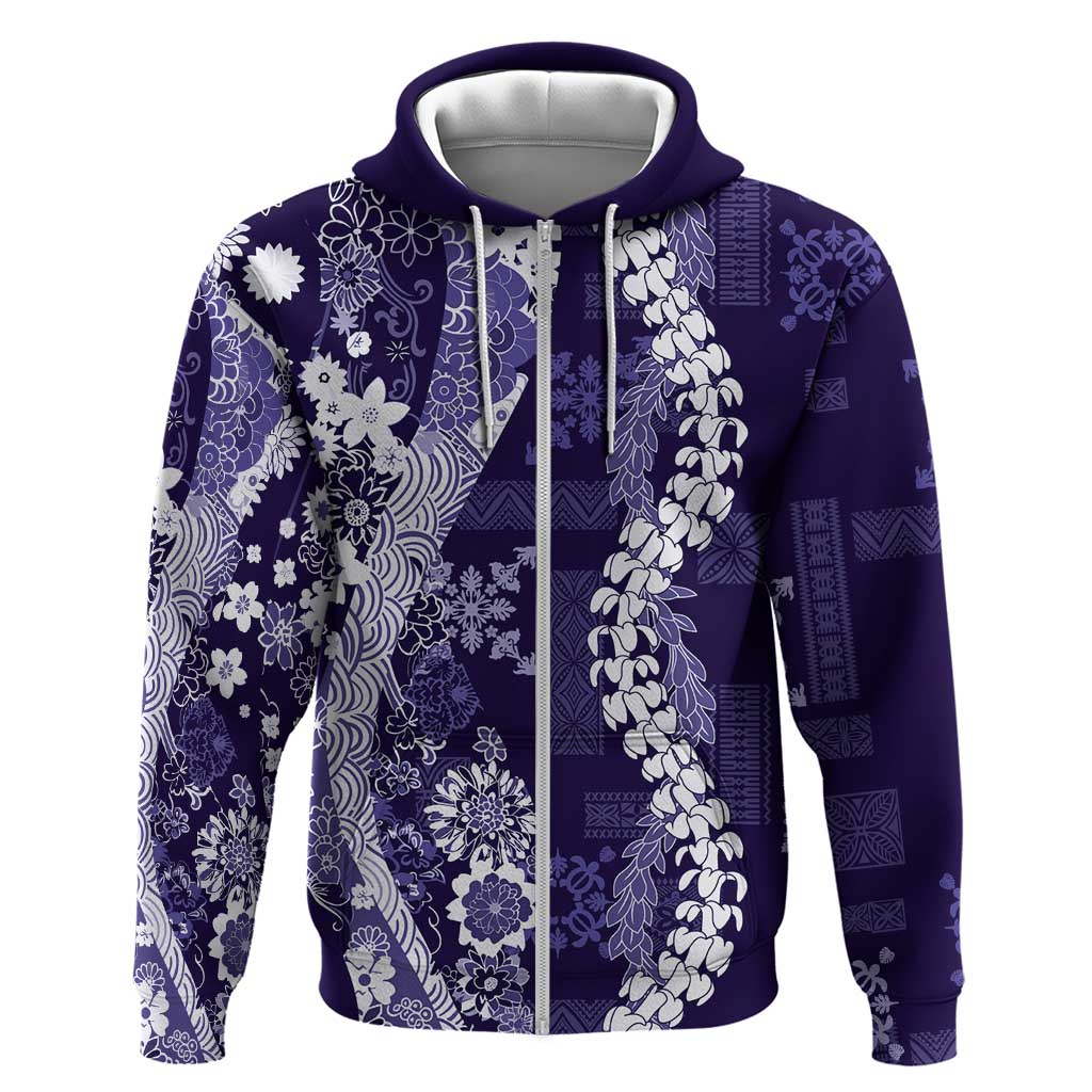 Hawaii Puakenikeni and Maile Lei Zip Hoodie Purple Japanese Wave Style - Polynesian Pride