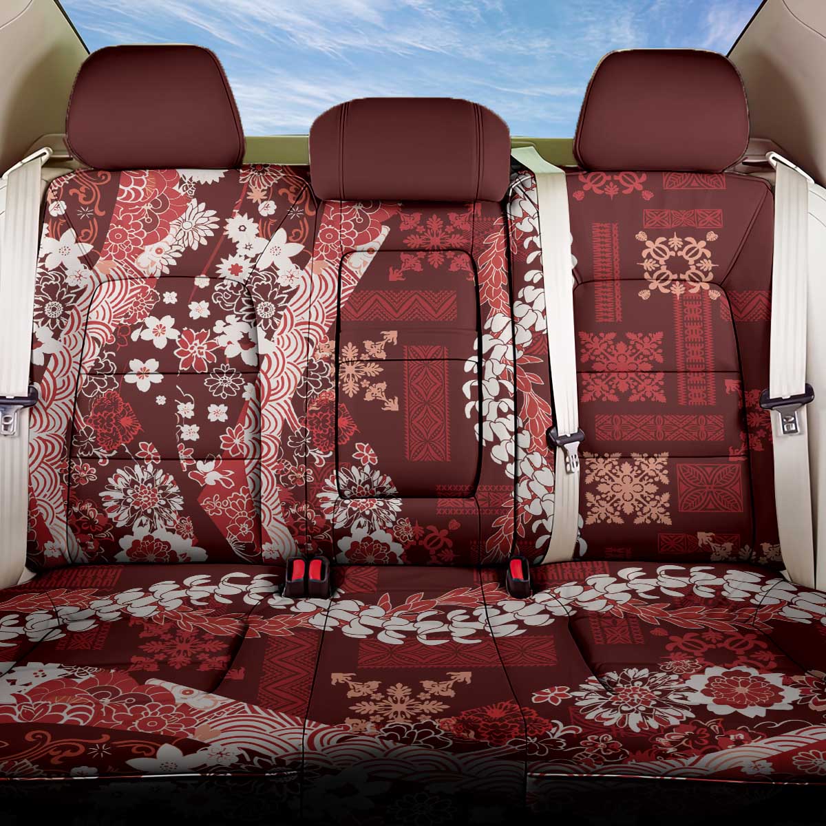 Hawaii Puakenikeni and Maile Lei Back Car Seat Cover Red Japanese Wave Style - Polynesian Pride