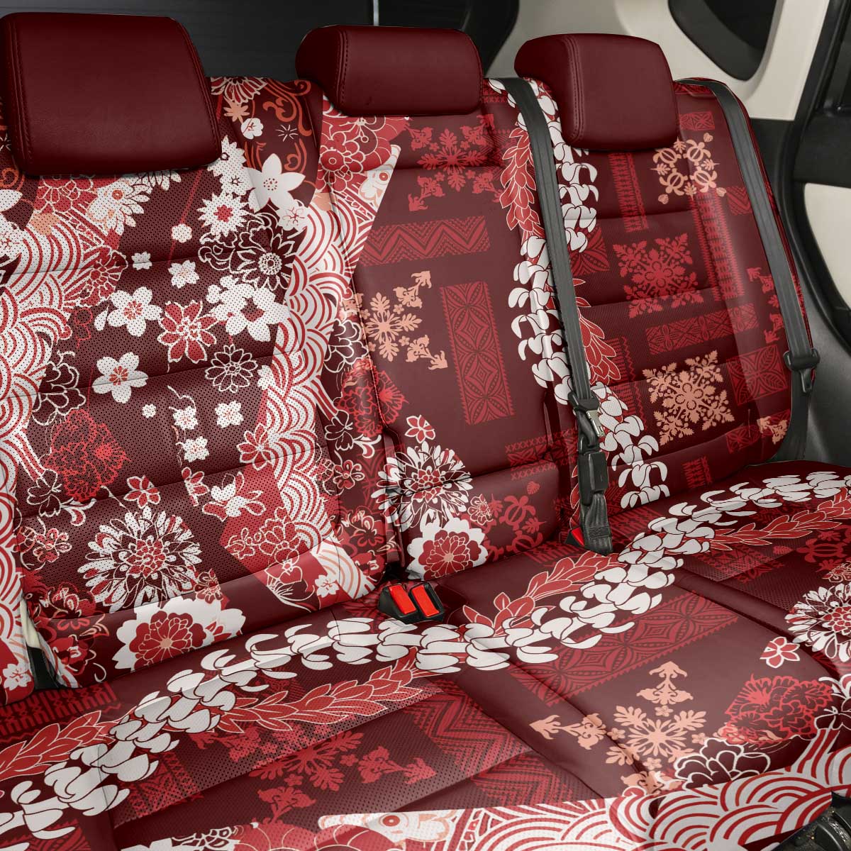 Hawaii Puakenikeni and Maile Lei Back Car Seat Cover Red Japanese Wave Style - Polynesian Pride