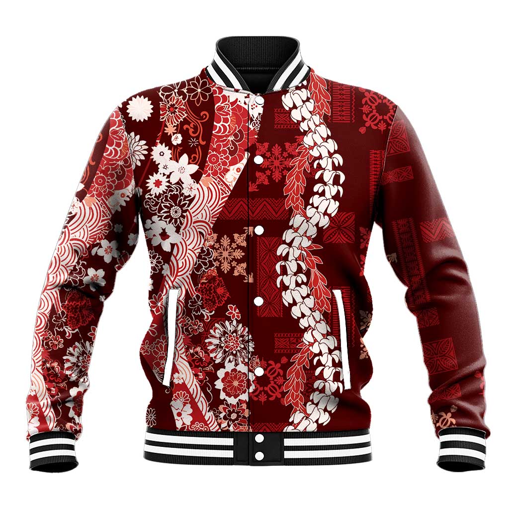 Hawaii Puakenikeni and Maile Lei Baseball Jacket Red Japanese Wave Style - Polynesian Pride