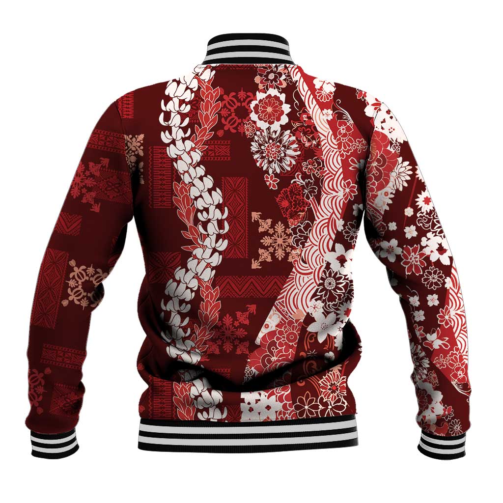 Hawaii Puakenikeni and Maile Lei Baseball Jacket Red Japanese Wave Style - Polynesian Pride