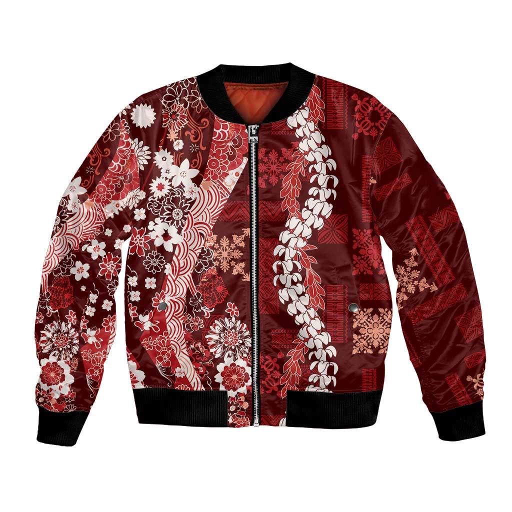Hawaii Puakenikeni and Maile Lei Bomber Jacket Red Japanese Wave Style - Polynesian Pride