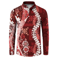 Hawaii Puakenikeni and Maile Lei Button Sweatshirt Red Japanese Wave Style - Polynesian Pride