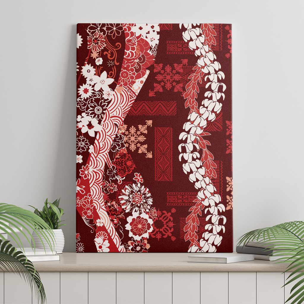 Hawaii Puakenikeni and Maile Lei Canvas Wall Art Red Japanese Wave Style - Polynesian Pride