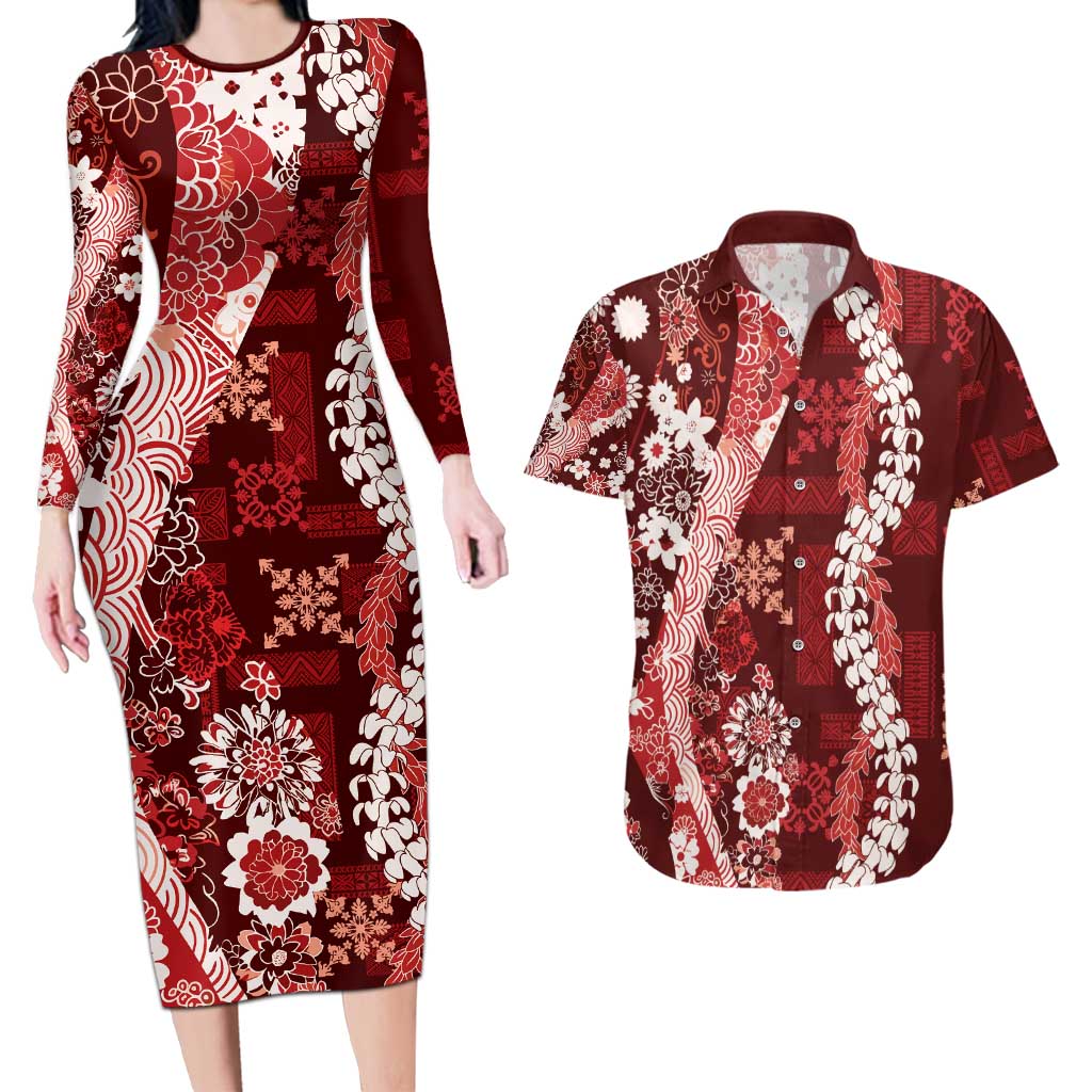 Hawaii Puakenikeni and Maile Lei Couples Matching Long Sleeve Bodycon Dress and Hawaiian Shirt Red Japanese Wave Style - Polynesian Pride