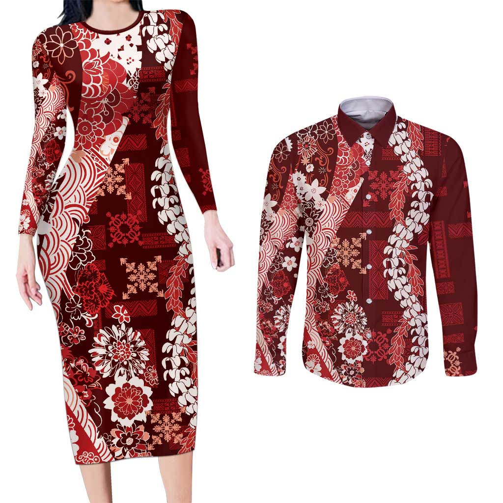 Hawaii Puakenikeni and Maile Lei Couples Matching Long Sleeve Bodycon Dress and Long Sleeve Button Shirt Red Japanese Wave Style - Polynesian Pride