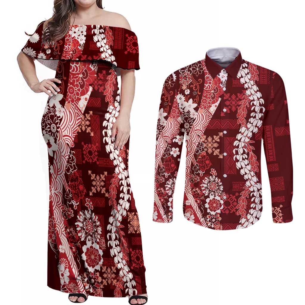 Hawaii Puakenikeni and Maile Lei Couples Matching Off Shoulder Maxi Dress and Long Sleeve Button Shirt Red Japanese Wave Style - Polynesian Pride