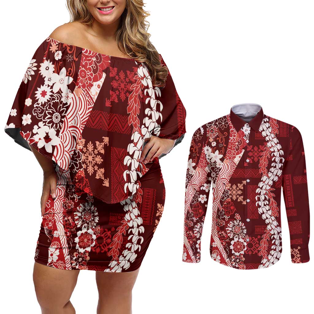 Hawaii Puakenikeni and Maile Lei Couples Matching Off Shoulder Short Dress and Long Sleeve Button Shirt Red Japanese Wave Style - Polynesian Pride